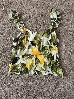 H&M Lemon Print Blouse Butterfly Sleeve V Neck Medium